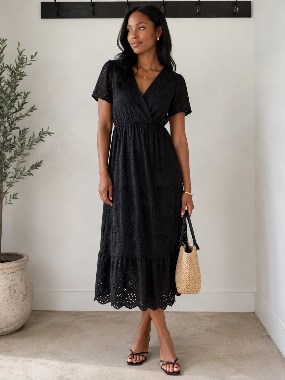 Women's Black Eyelet Wrap Maxi Dress